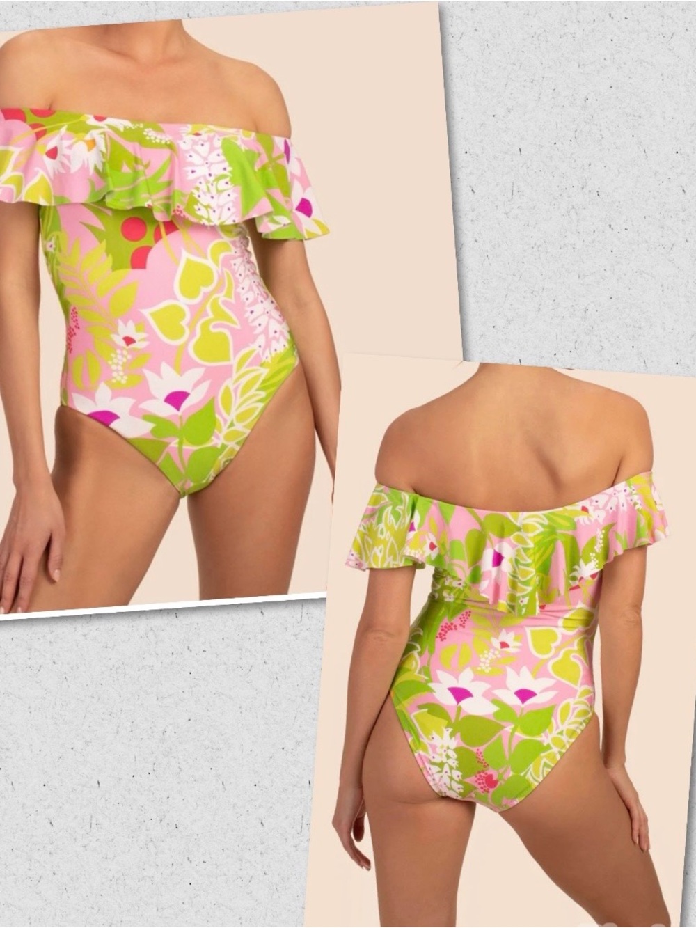 Trina Turk Pink & Green Floral Off-Shoulder Kids One-Piece Swimsuit